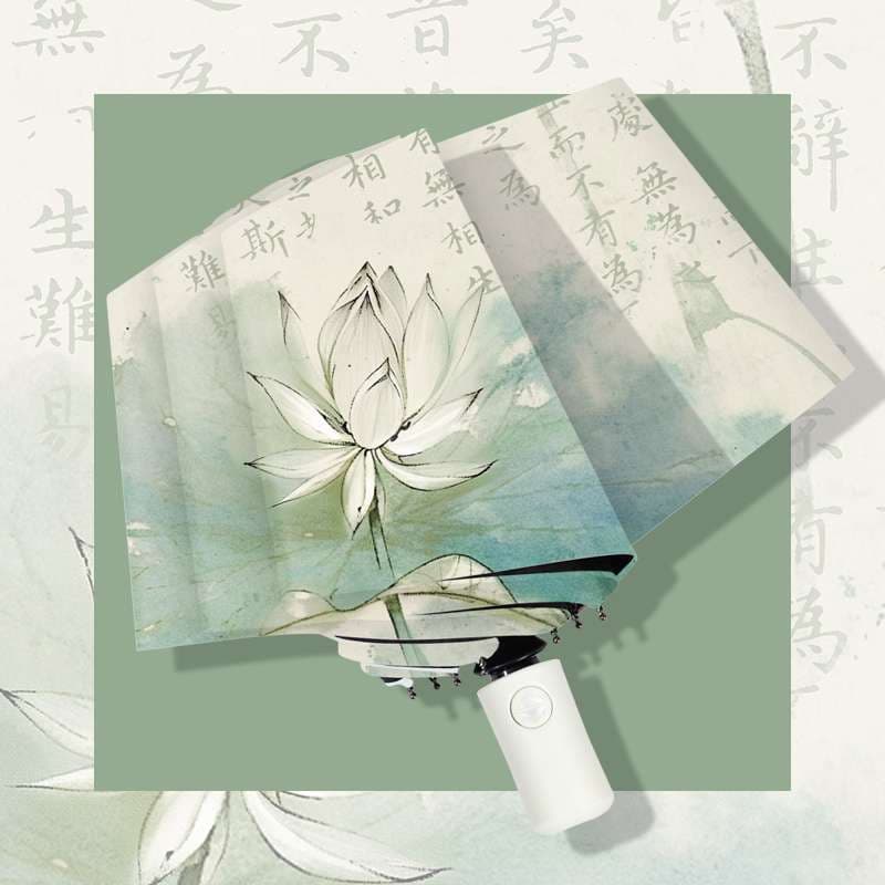蓮花と漢詩の和風折りたたみ日傘