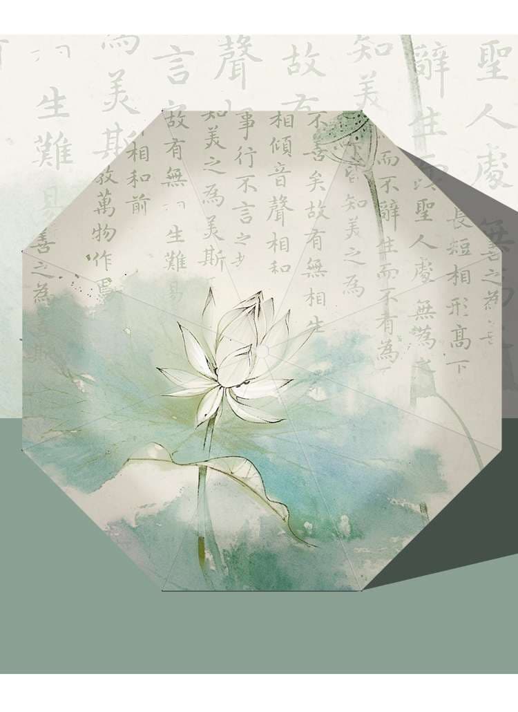蓮花と漢詩の和風折りたたみ日傘