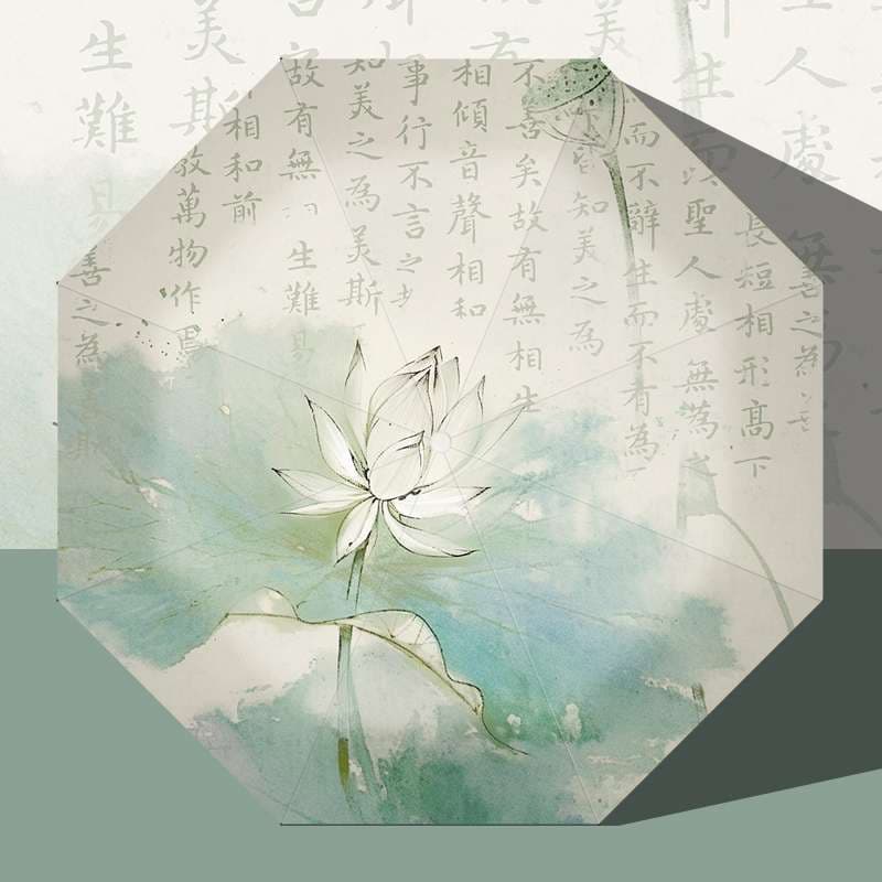 蓮花と漢詩の和風折りたたみ日傘