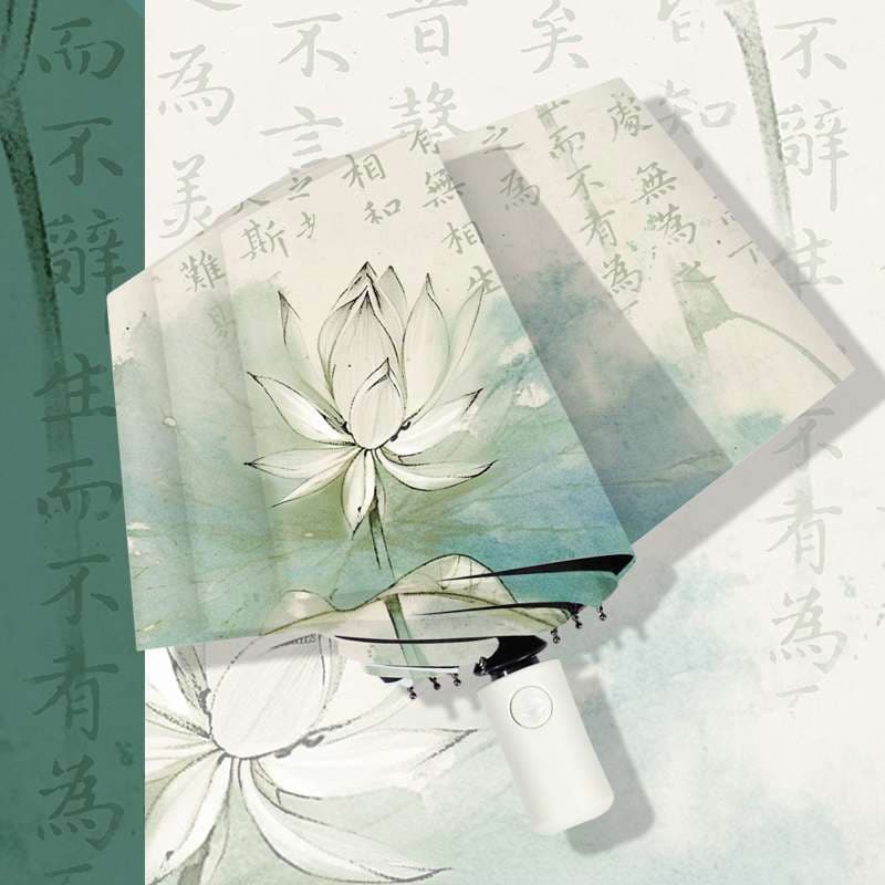 蓮花と漢詩の和風折りたたみ日傘