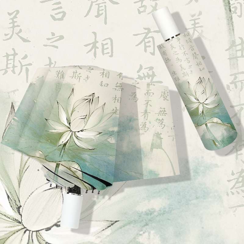 蓮花と漢詩の和風折りたたみ日傘